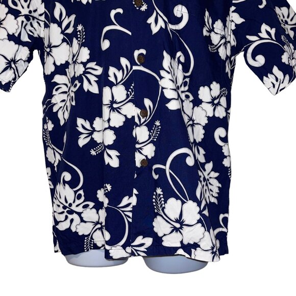 Retro Hilo Hattie Hawaiian Shirt Mens M Floral Plumeria Leaf Aloha Beach Blue - Picture 3 of 10